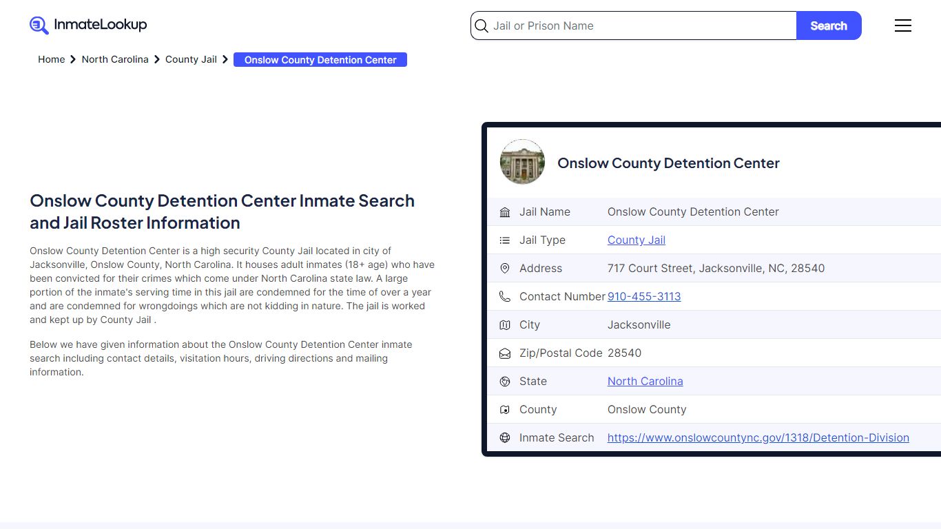 Onslow County Detention Center (NC) Inmate Search North Carolina ...